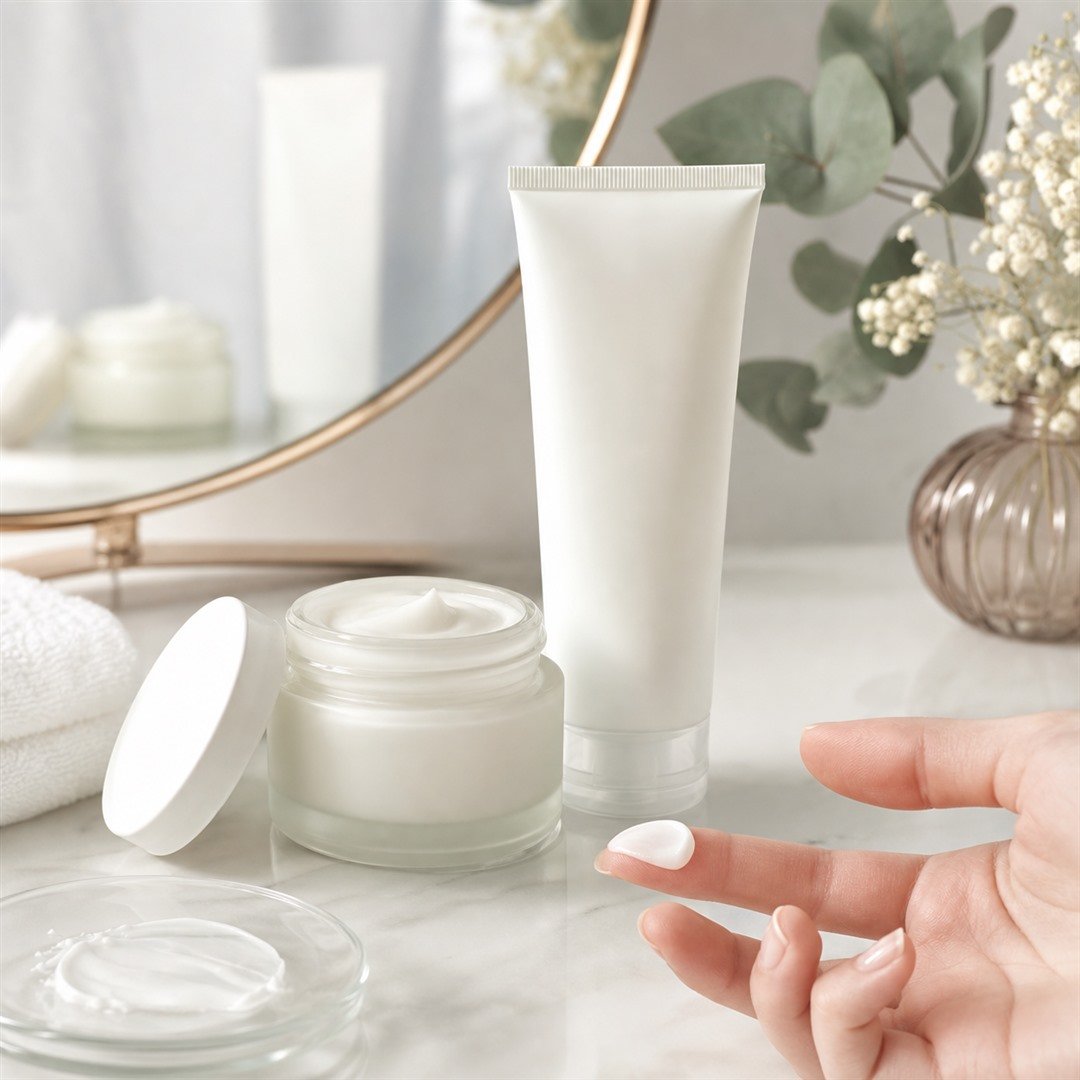 Fragrance-free moisturizer for sensitive skin on a neutral background