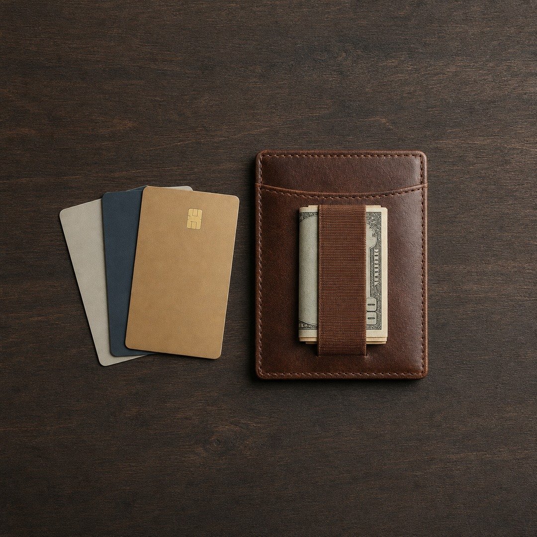 Slim full-grain leather minimalist wallet with cards and folded cash on a wood surface