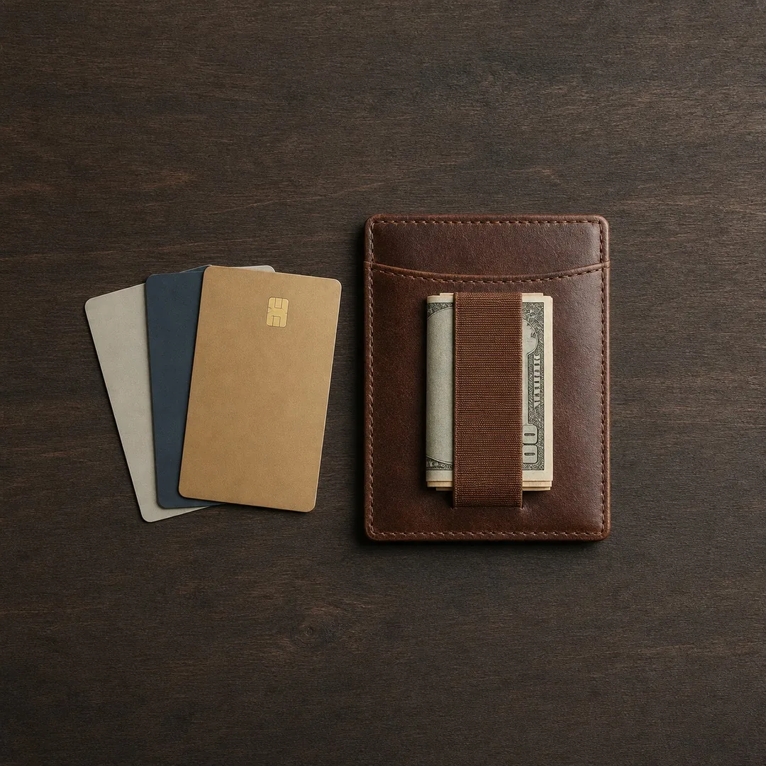 Slim full-grain leather minimalist wallet with cards and folded cash on a wood surface