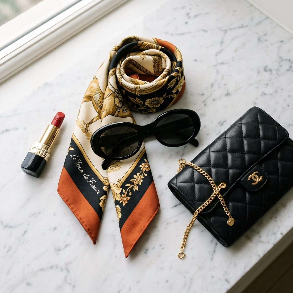Luxury fashion accessories flatlay