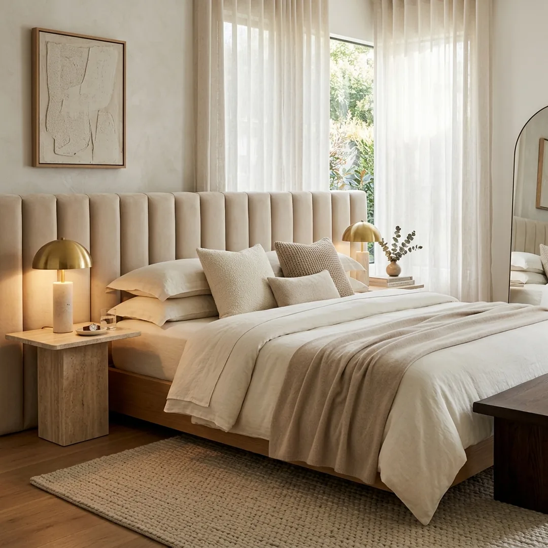 Luxury bedroom aesthetic with layered bedding and warm lighting