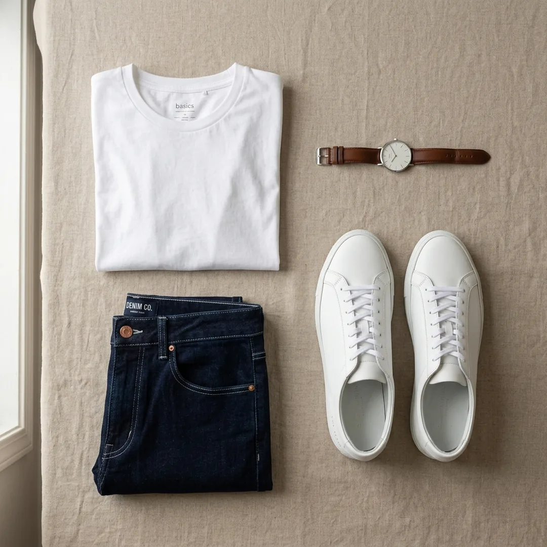 Coordinated casual outfit with white t-shirt, tailored jeans, and clean sneakers styled to look expensive on a budget