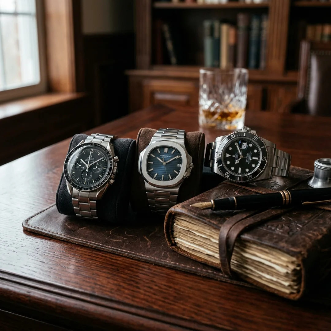 Landscape editorial image of luxury watches on a refined desk