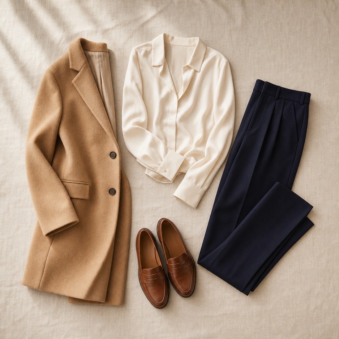 Neutral-toned quiet luxury capsule wardrobe flat lay with wool coat, silk blouse, and tailored trousers