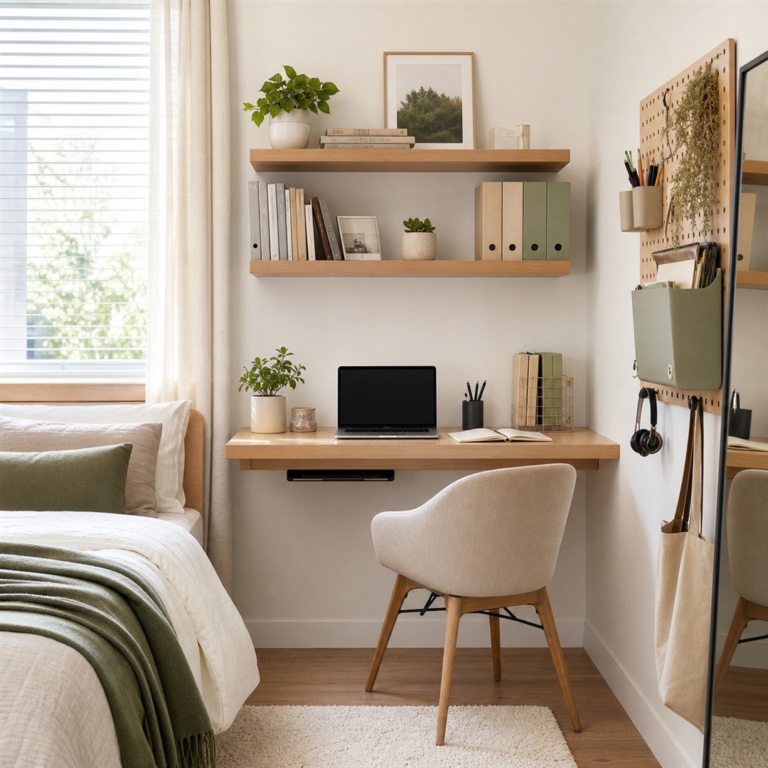 Small bedroom desk setup with floating shelves and minimalist organization